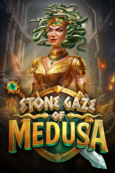 Une image sombre et mystique du jeu 'Stone Gaze of Medusa', mettant en scène le pouvoir pétrifiant de la créature légendaire.